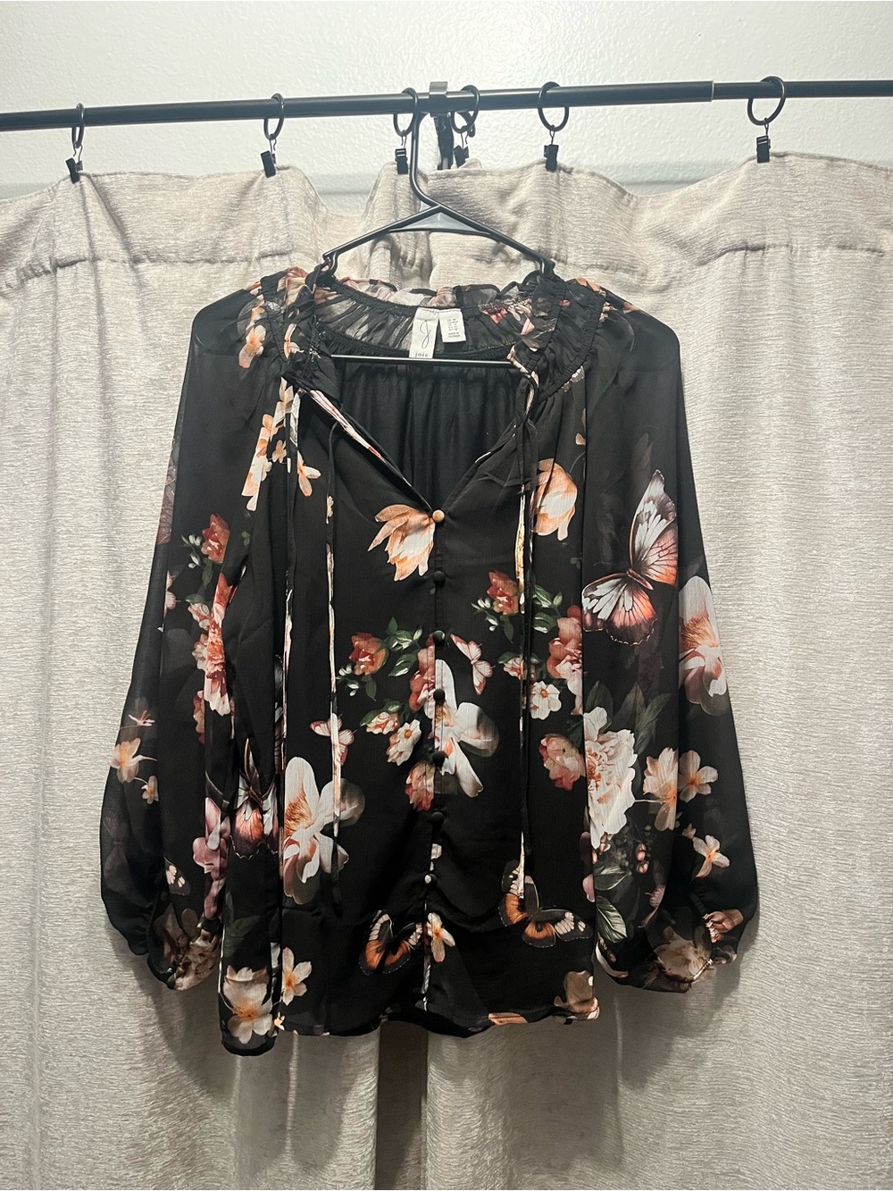 Joie Black Floral & Butterfly Tie-Neck Blouse